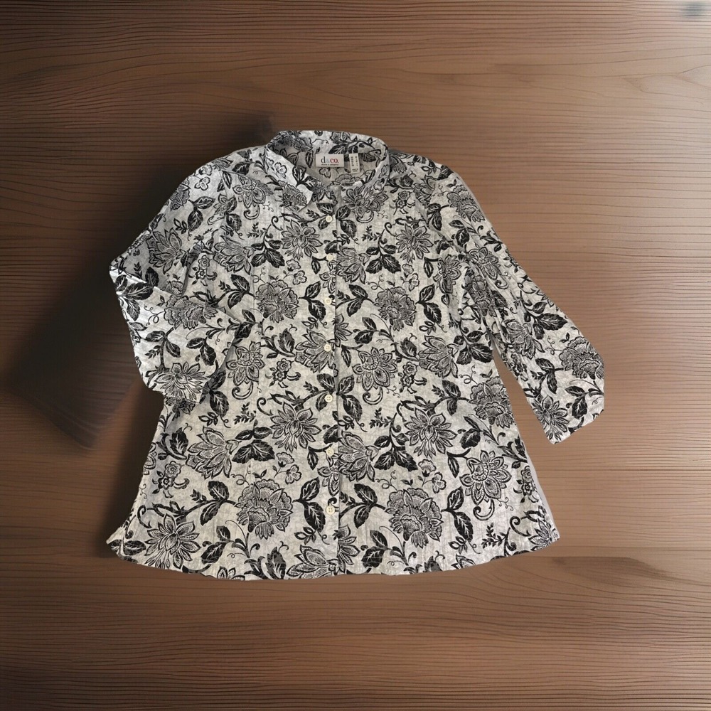 D&Co. Crinkle Blouse 3/4 Sleeve Cotton Blend Black‎ And White Size M
